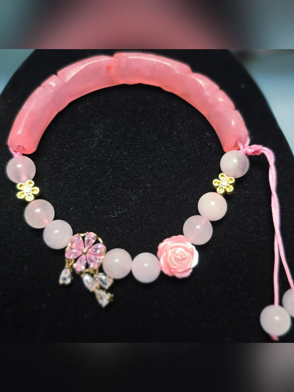 Beautiful Pink(peachy) color. Natural Jade Grade A carved half bangle.